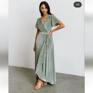 Baltic Born Andi Velvet Ribbed Dusty Sage Green Wrap Maxi Dress - L